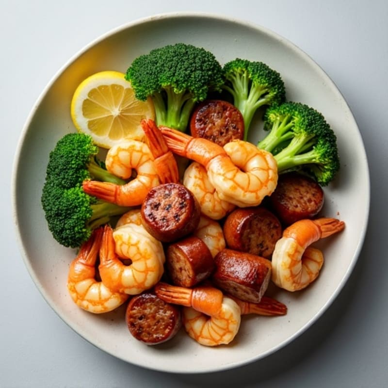 Garlic-Lemon Prawn and Chicken Sausage Stir-Fry with Crispy Broccoli