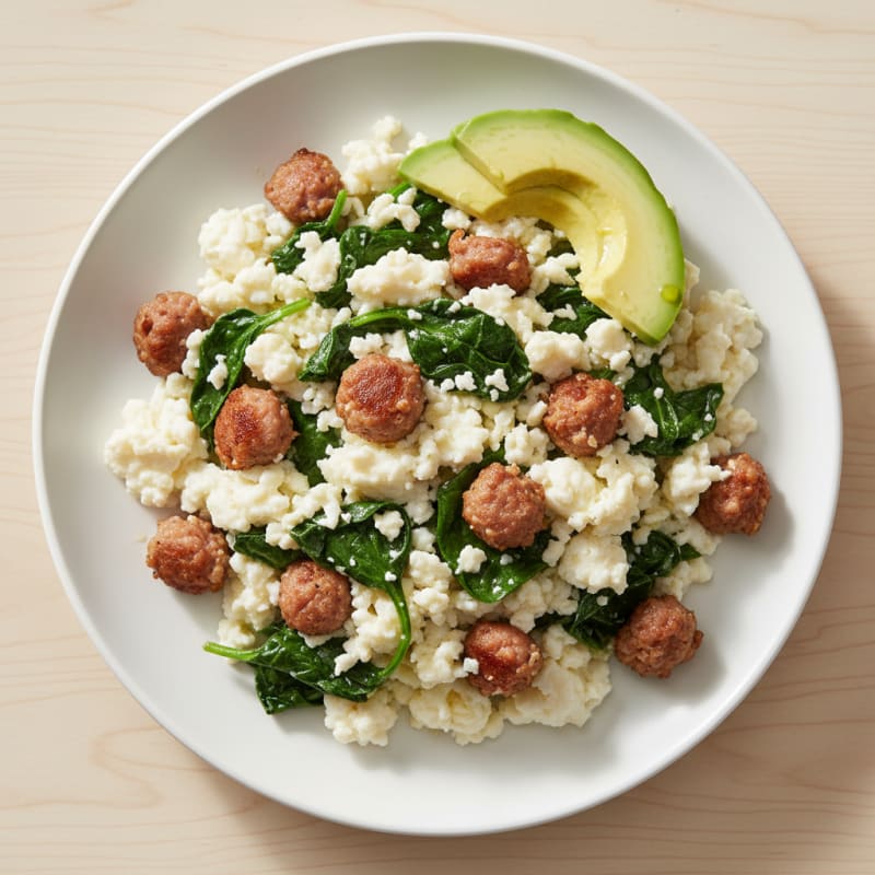 Egg White Scramble with Turkey Sausage and Sautéed Spinach
