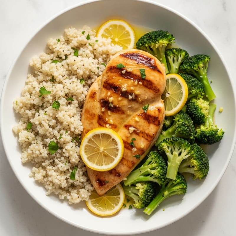 Grilled Lemon-Garlic Chicken Breast with Steamed Broccoli and Quinoa