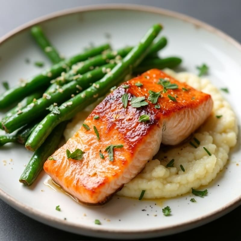 Seared Salmon with Garlic Green Beans and Cauliflower Mash