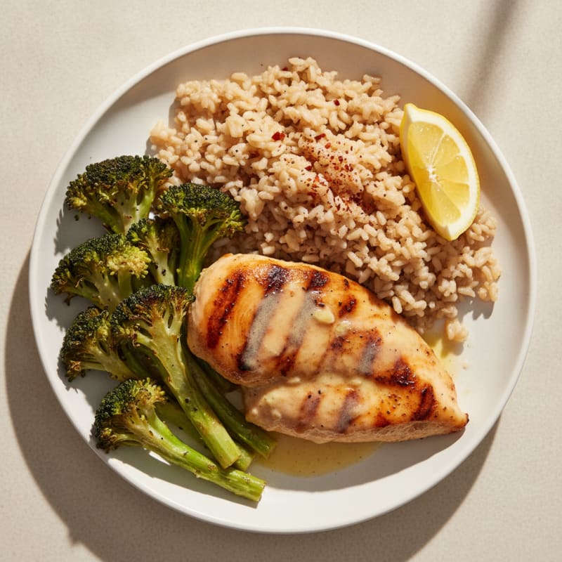 Grilled Chicken Breast with Brown Rice and Roasted Broccoli