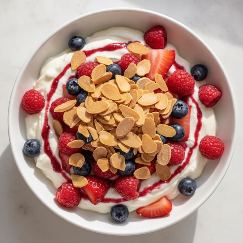 Greek Yogurt Protein Parfait with Mixed Berries and Almonds