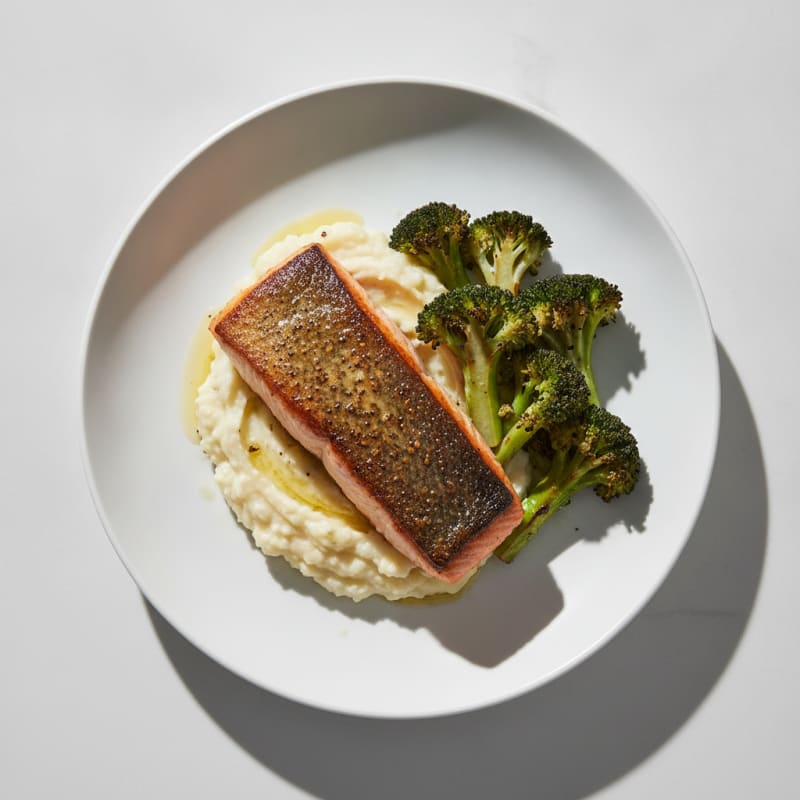 Seared Salmon with Roasted Broccoli and Garlic Mash