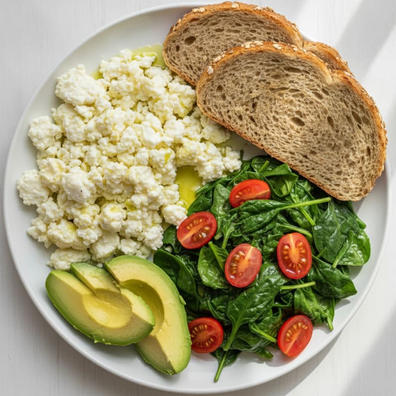 Cottage Cheese Egg White Scramble with Sautéed Spinach and Tomatoes