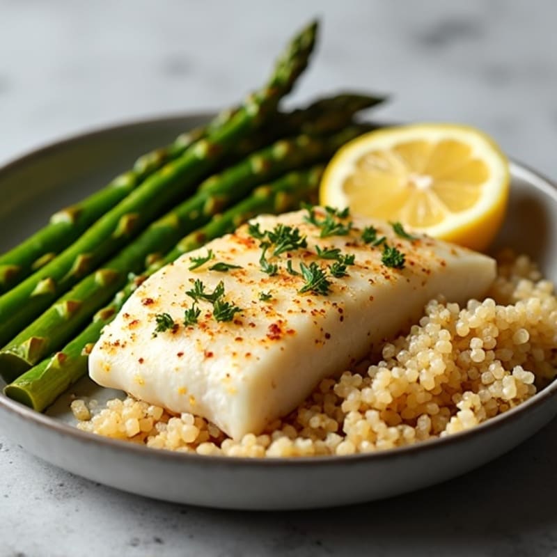 Flaky Lemon Garlic Tilapia with Roasted Asparagus and Quinoa