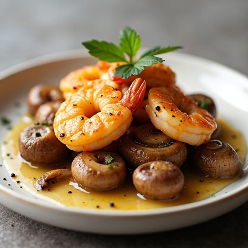 Caramelized Garlic-Butter Roasted Mushrooms with Sautéed Shrimp