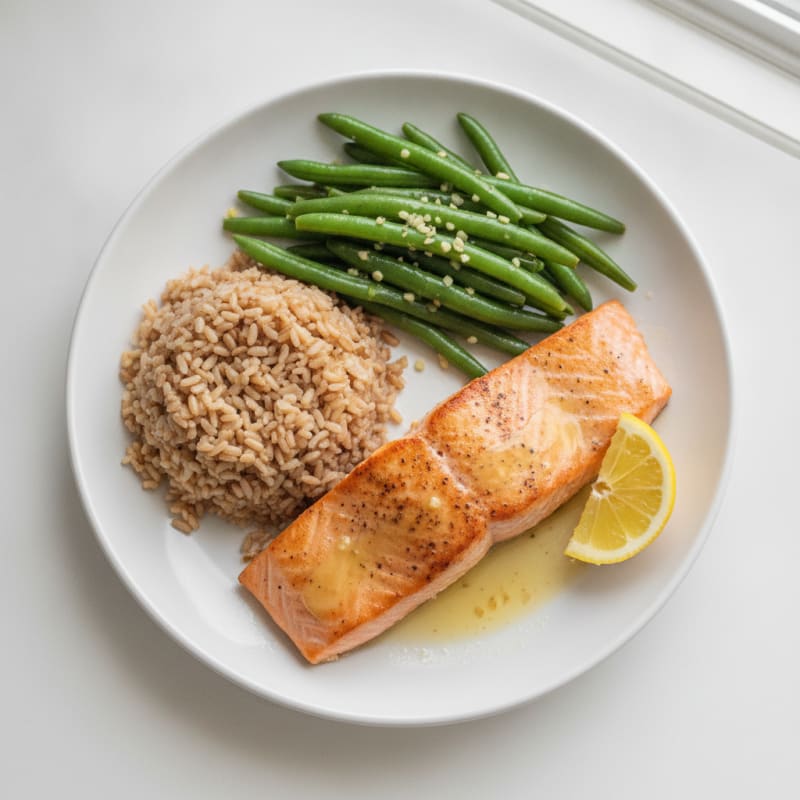 Seared Salmon Fillet with Garlic Green Beans and Brown Rice