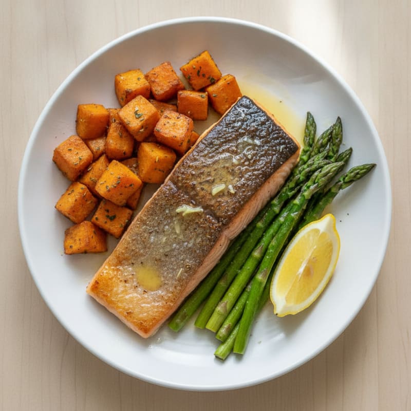 Pan-Seared Salmon with Roasted Sweet Potato and Asparagus