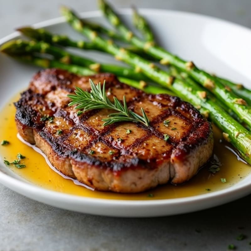 Tender Pan-Seared Steak with Garlic Herb Roasted Asparagus