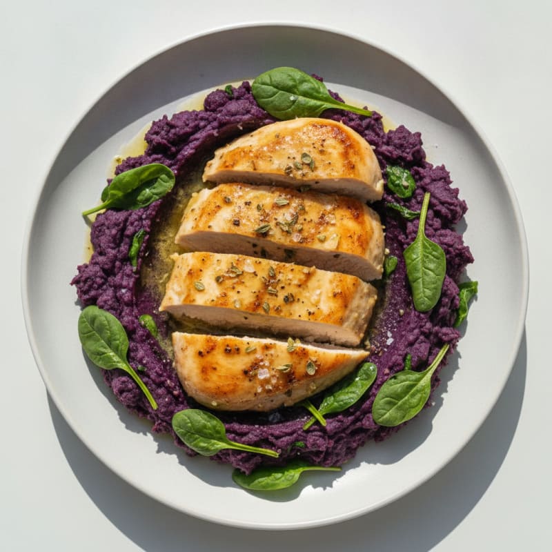 Roasted Purple Sweet Potato Mash with Lemon-Herb Chicken