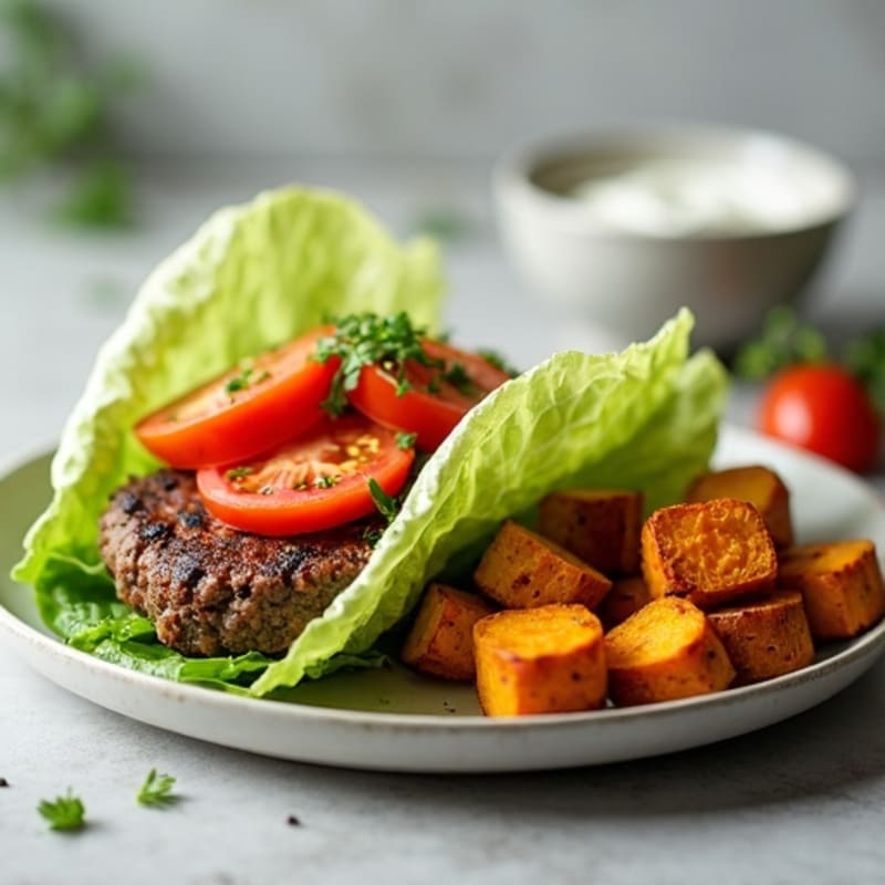 Lean Beef Burger Lettuce Wraps with Crispy Roasted Sweet Potatoes