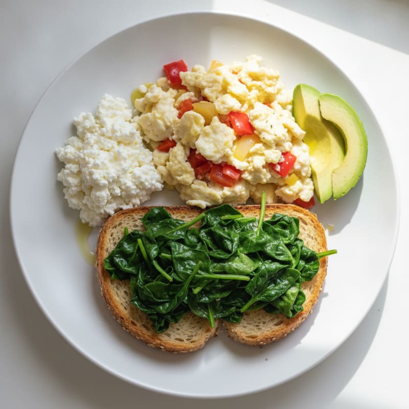 Egg White Vegetable Scramble with Cottage Cheese and Sautéed Spinach