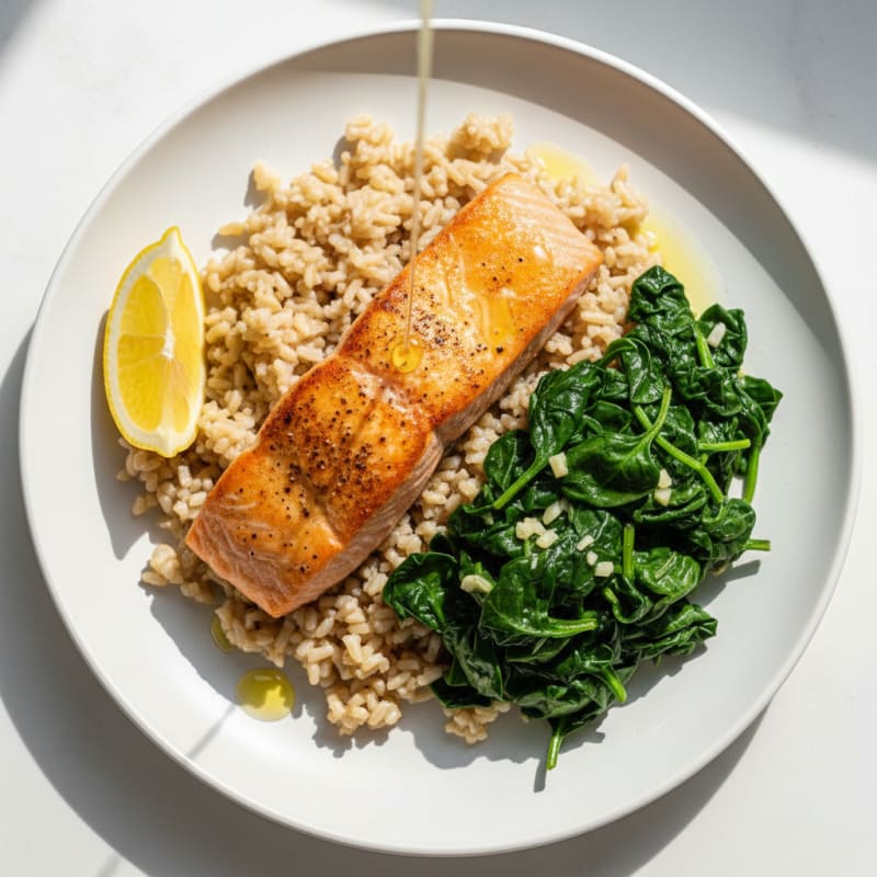 Seared Salmon with Brown Rice and Garlic Spinach