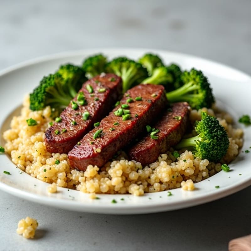 Seared Lean Beef Strips with Roasted Broccoli and Quinoa
