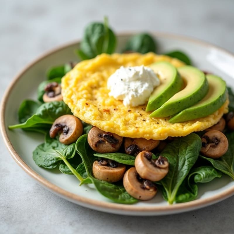 Egg White Spinach Omelet with Cottage Cheese and Sautéed Mushrooms