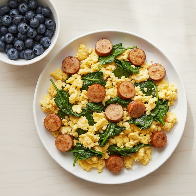 Scrambled Eggs with Chicken Sausage and Sautéed Spinach