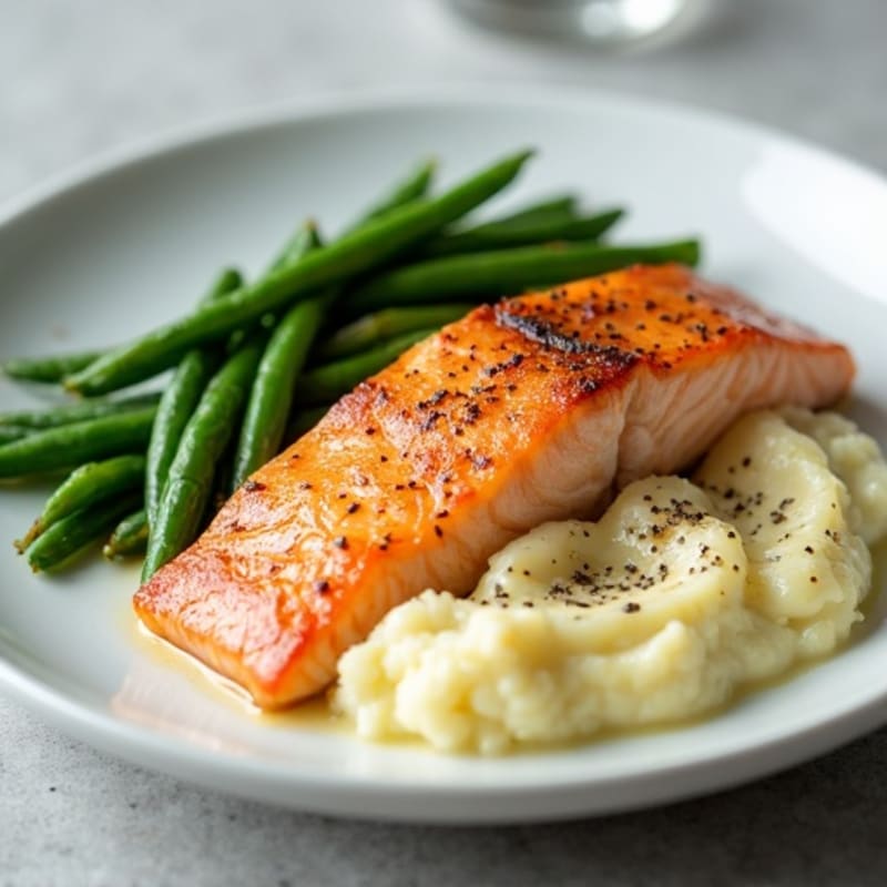 Seared Salmon with Garlic Green Beans and Cauliflower Mash