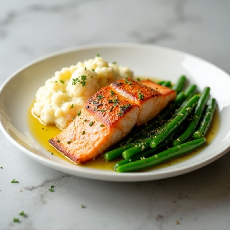 Seared Salmon with Garlic Green Beans and Cauliflower Mash