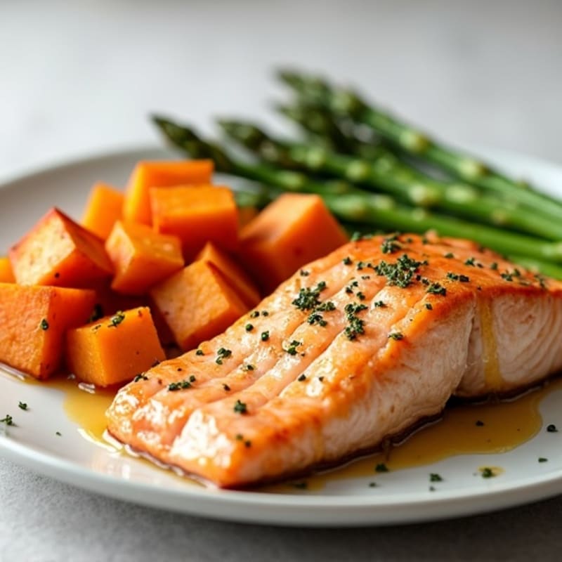 Baked Garlic Dijon Salmon with Roasted Sweet Potato and Asparagus