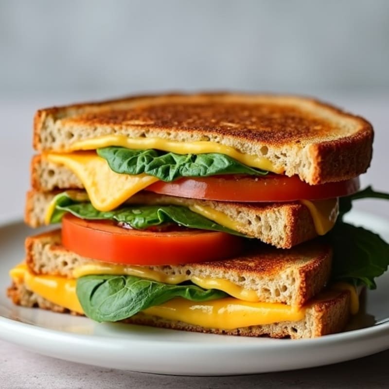 Crispy Whole Grain Triple-Decker Grilled Cheese with Greens and Tomato