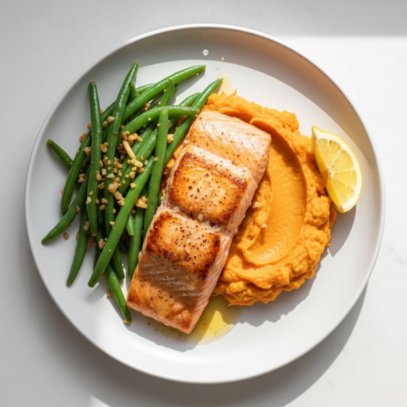 Seared Salmon with Garlic Green Beans and Sweet Potato Mash