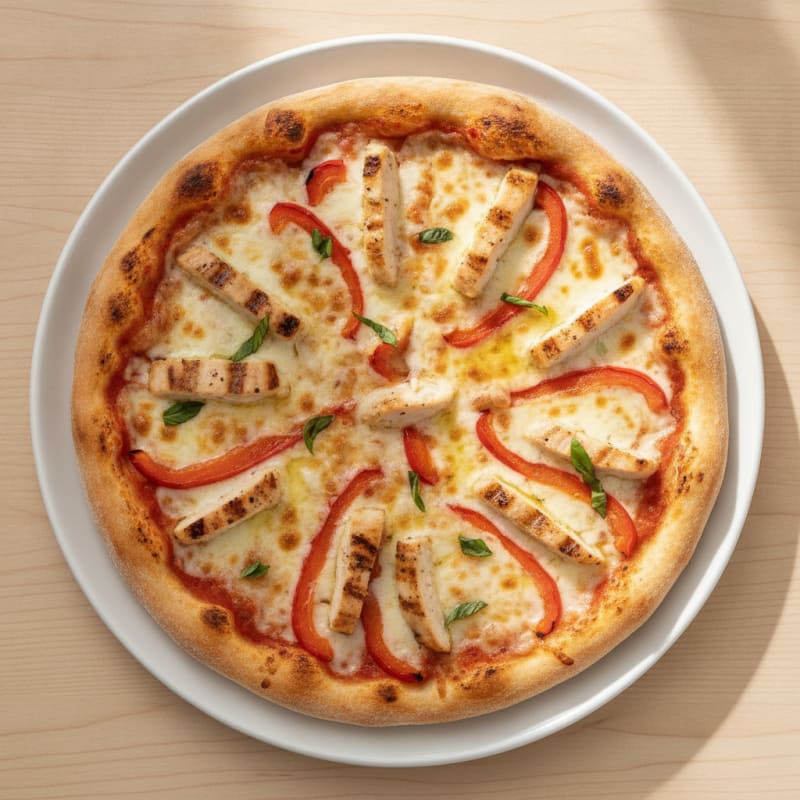 Grilled Chicken Pizza on Thin Crust with Roasted Peppers