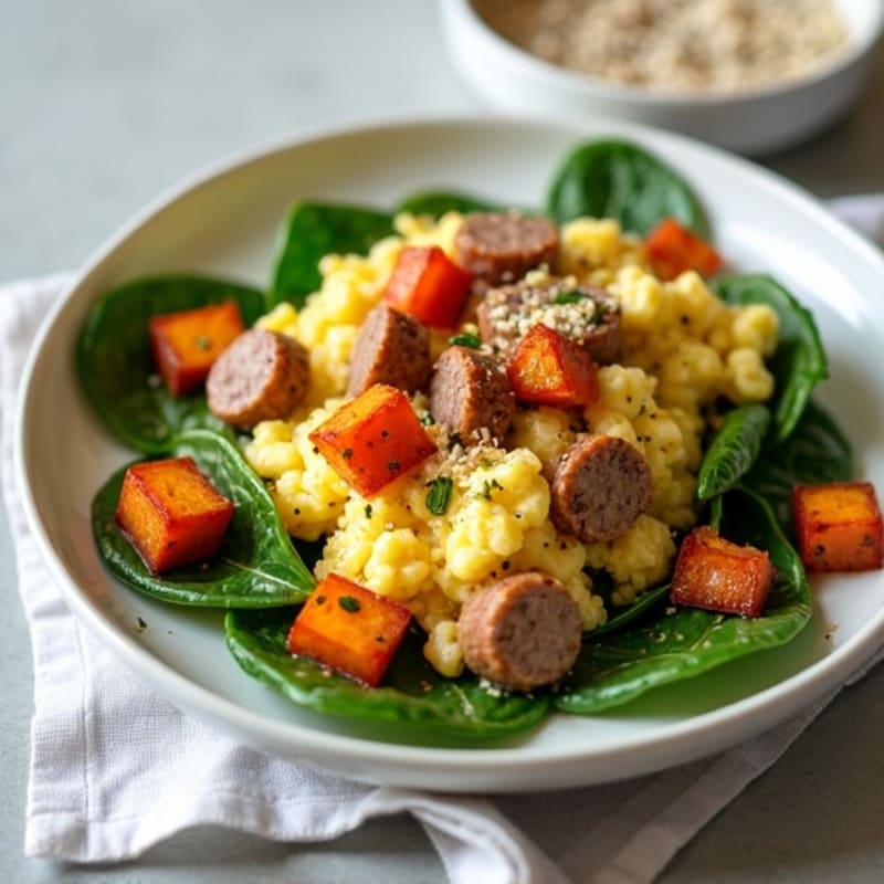 Egg White and Turkey Sausage Scramble with Spinach & Roasted Sweet Potato