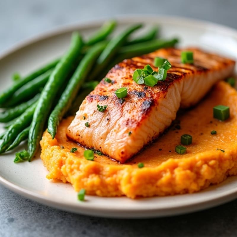 Seared Salmon with Garlic Green Beans and Sweet Potato Mash