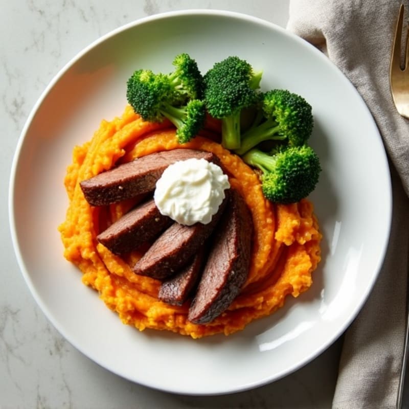 Seared Beef Strips with Sweet Potato Mash and Steamed Broccoli