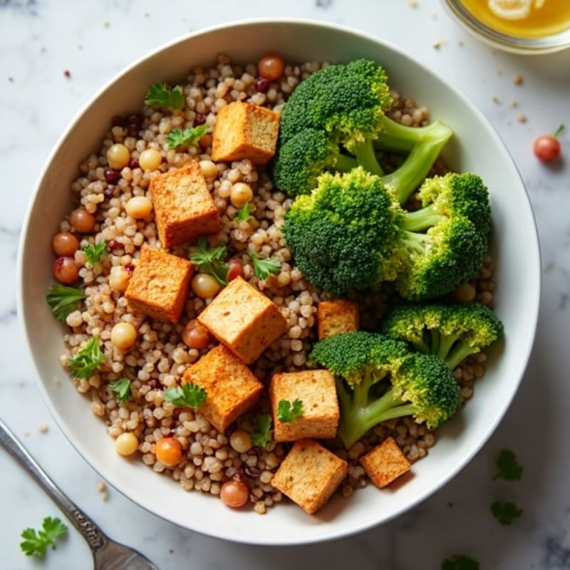 Roasted Lentil and Quinoa Bowl with Broccoli and Tahini