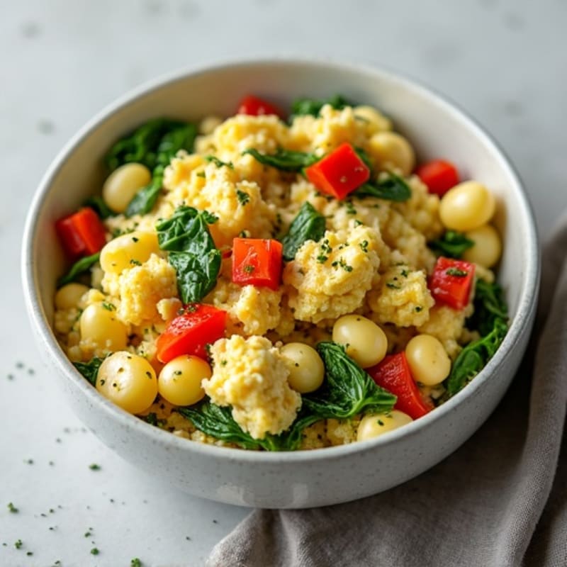 Fluffy Egg Scramble with Fresh Spinach and Bell Peppers