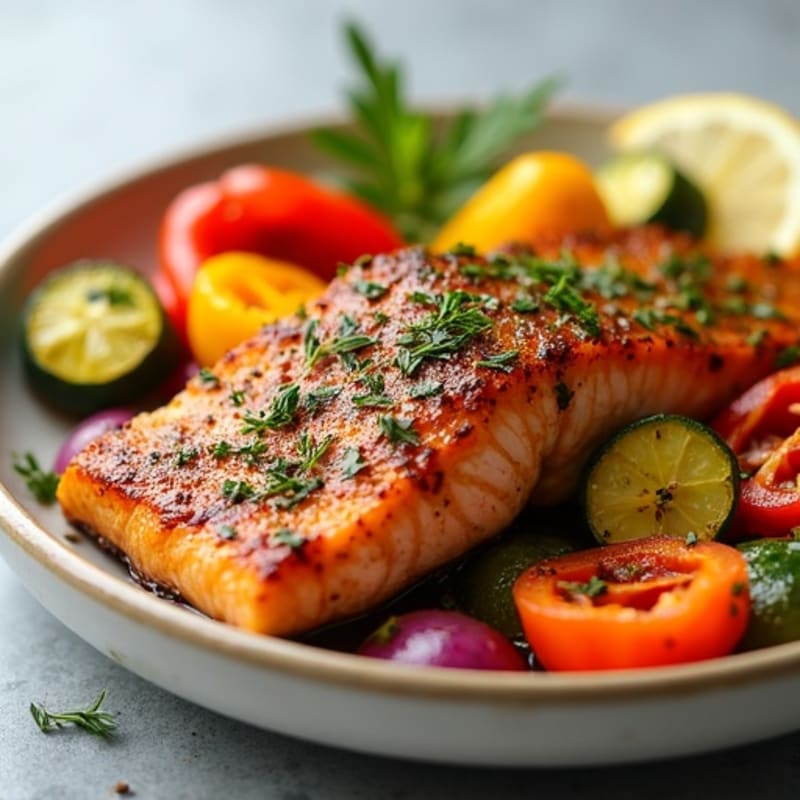 Crispy Sheet Pan Herb-Crusted Salmon with Roasted Rainbow Vegetables