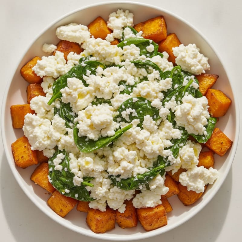 Cottage Cheese Egg White Scramble with Spinach and Roasted Sweet Potato
