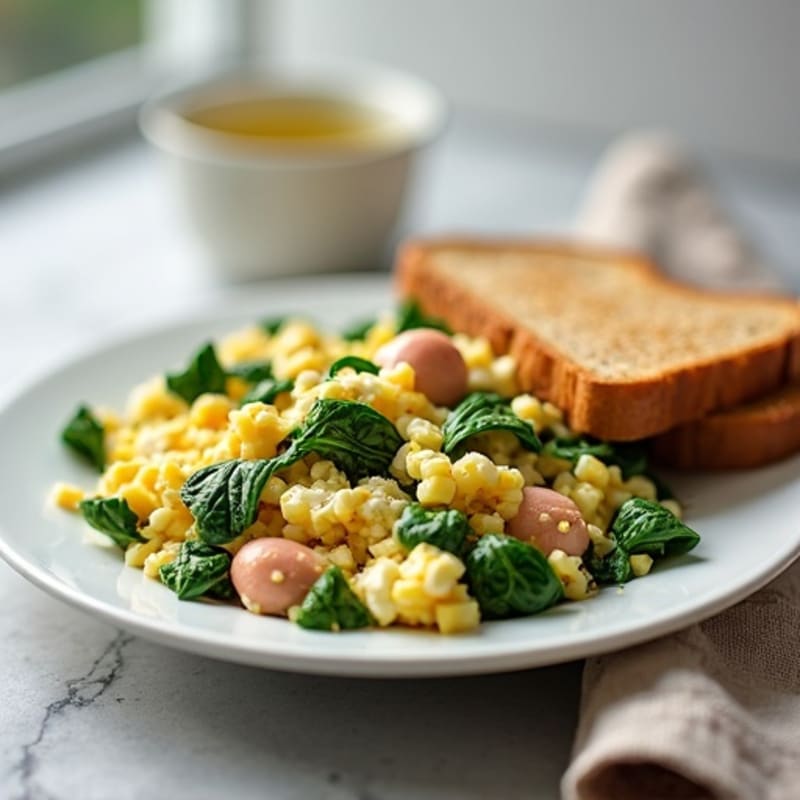 Egg White Spinach Scramble with Cottage Cheese and Sliced Turkey