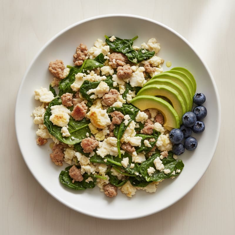 Egg White and Turkey Sausage Scramble with Sautéed Spinach