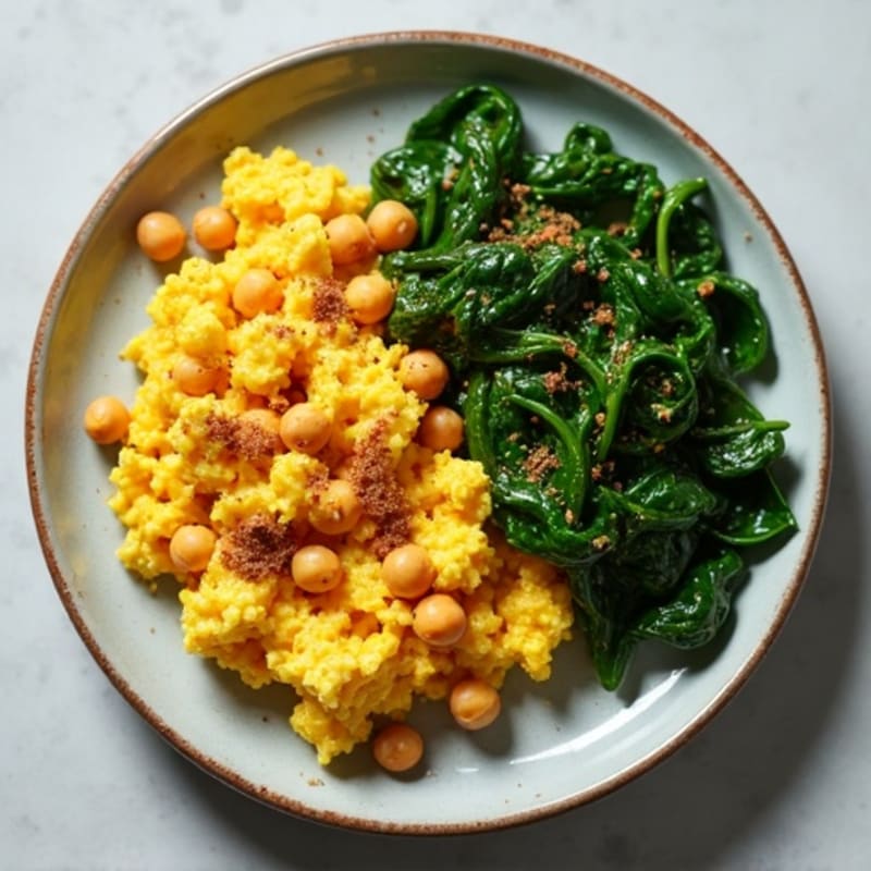 Spiced Egg and Chickpea Scramble with Sautéed Spinach