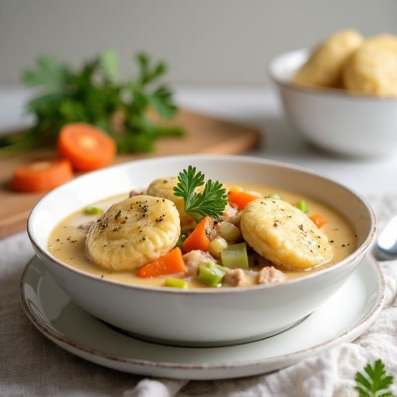 Creamy Chicken and Vegetable Stew with Fluffy Herb Dumplings