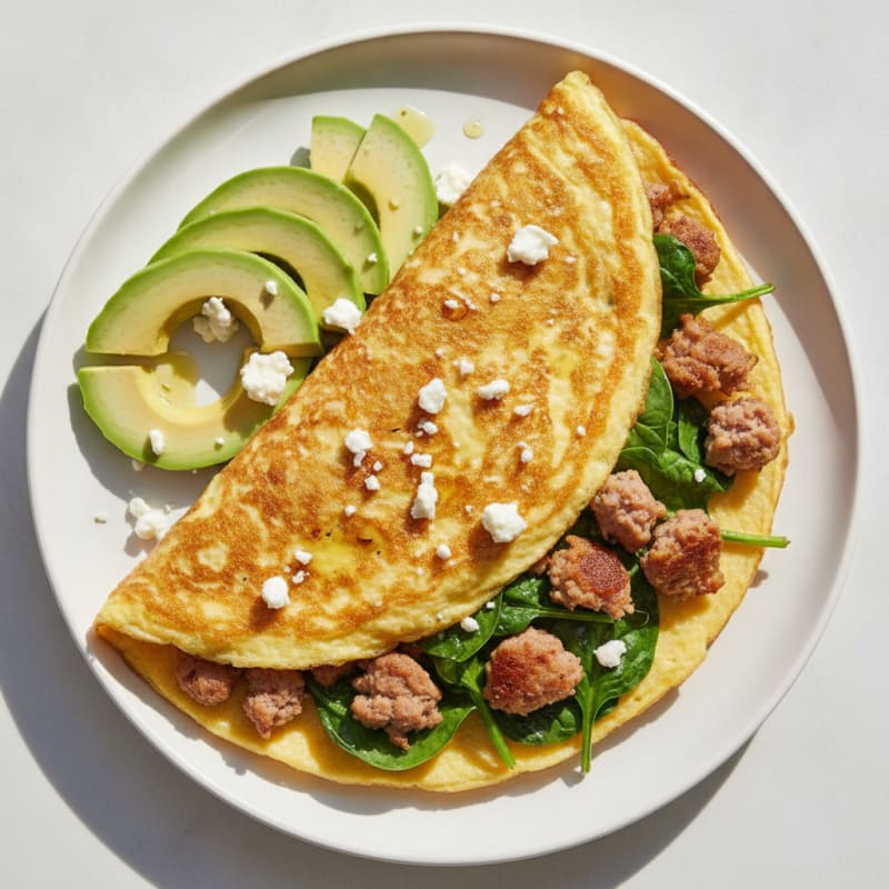 Crispy Egg White Omelette with Turkey Sausage and Spinach