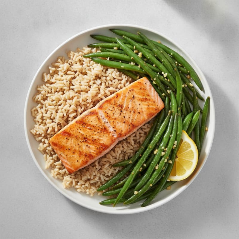 Seared Salmon with Garlic Green Beans and Brown Rice