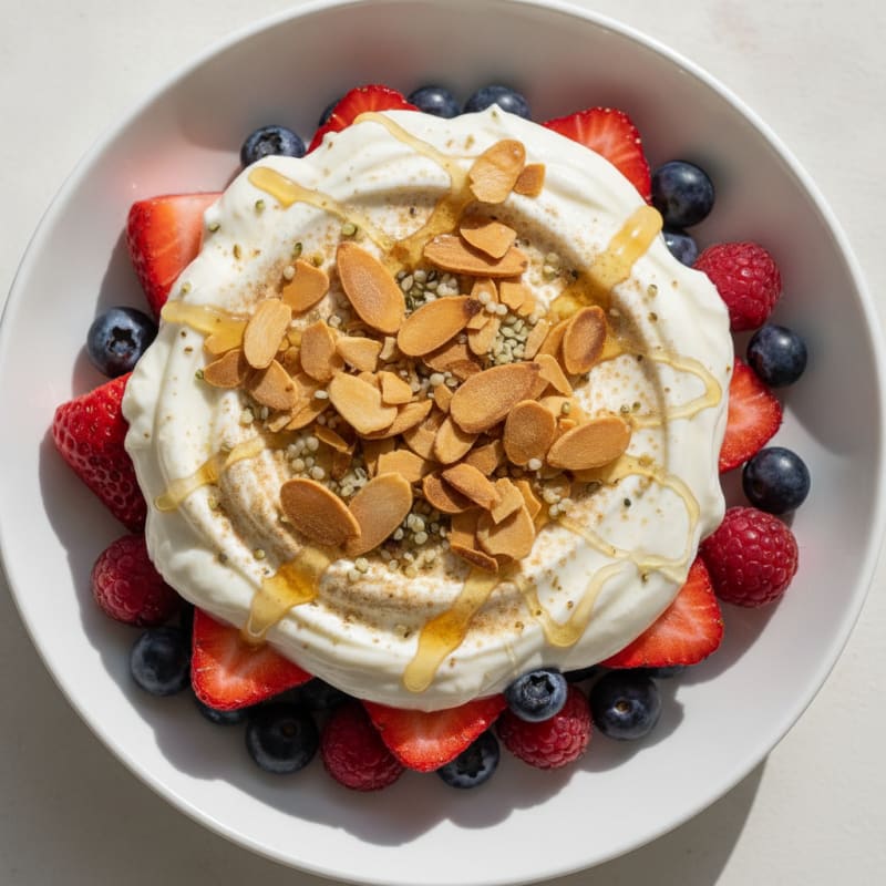 High-Protein Greek Yogurt Parfait with Mixed Berries and Almonds
