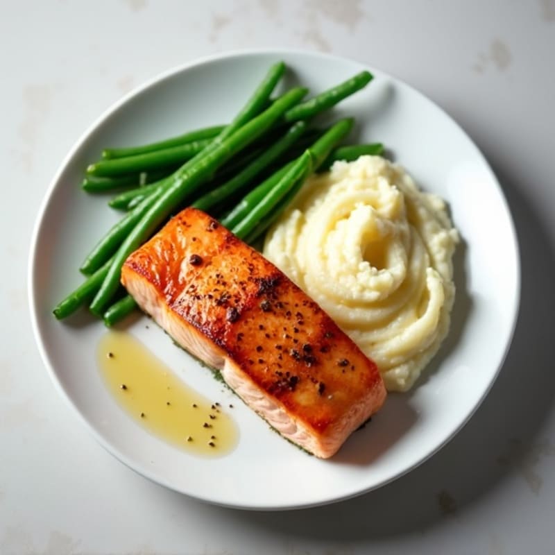 Seared Salmon Fillet with Steamed Green Beans and Mashed Cauliflower
