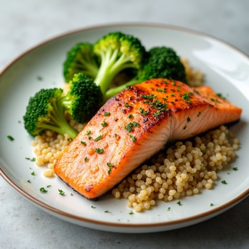 Seared Salmon with Steamed Broccoli and Quinoa