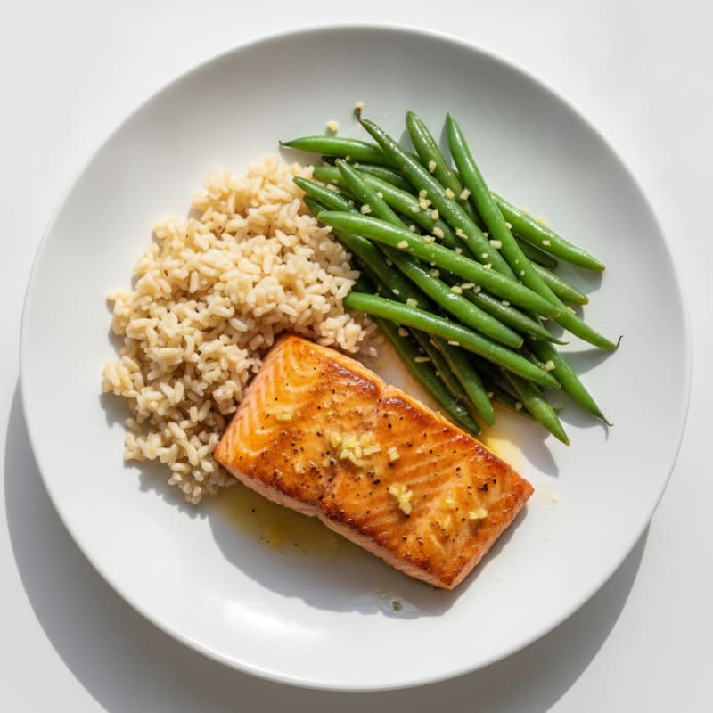Seared Salmon Fillet with Garlic Green Beans and Brown Rice
