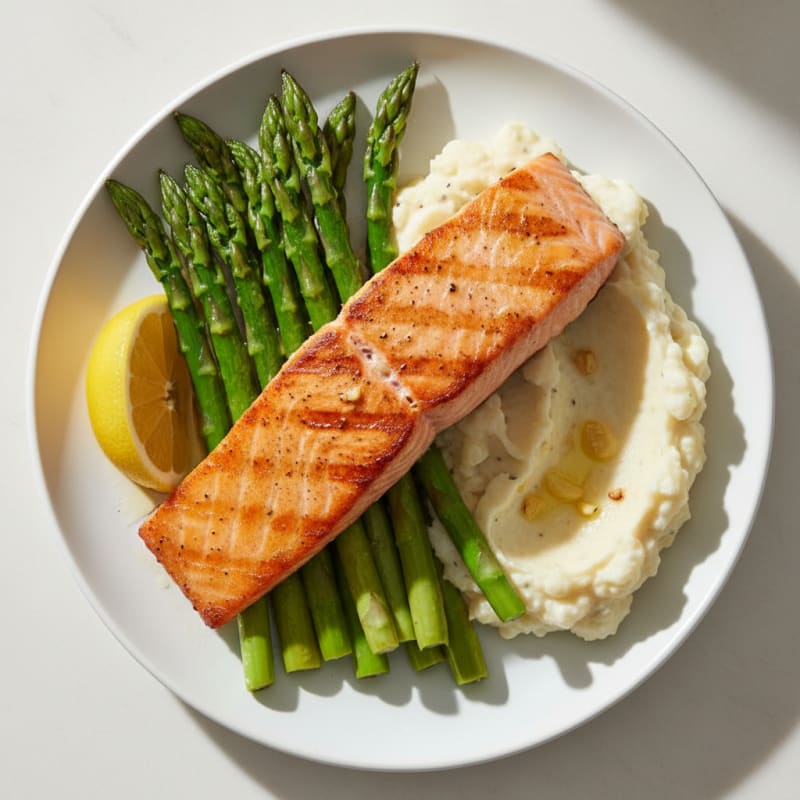 Seared Salmon with Steamed Asparagus and Garlic Mashed Cauliflower
