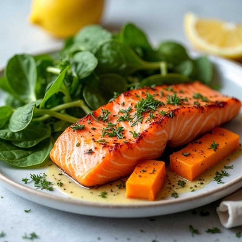 Smoked Salmon with Roasted Sweet Potatoes, Fresh Spinach, and Lemon-Herb Dressing