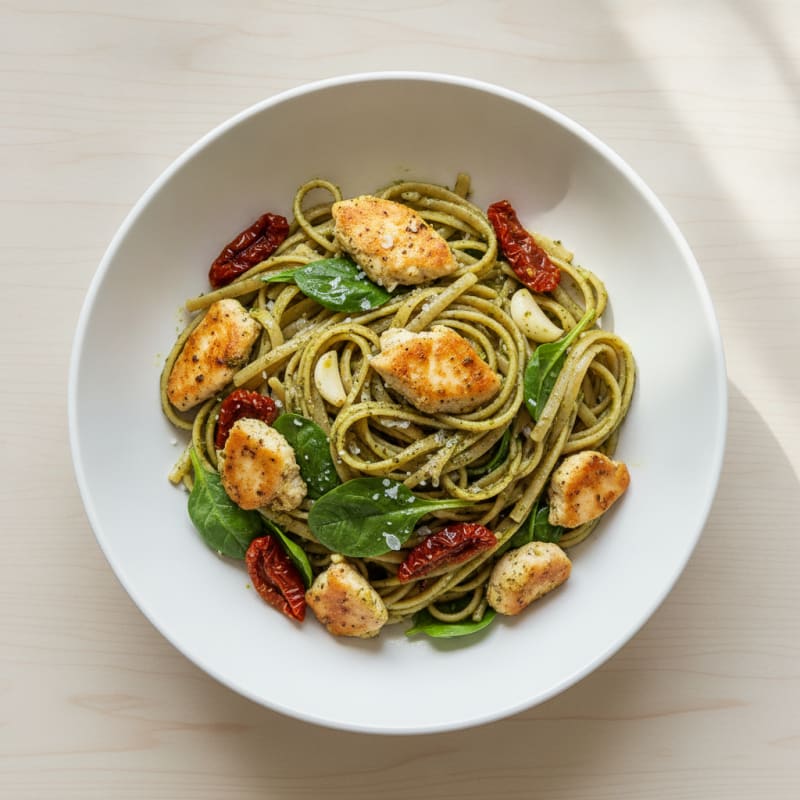 Pesto Chicken Linguine with Sun-Dried Tomatoes