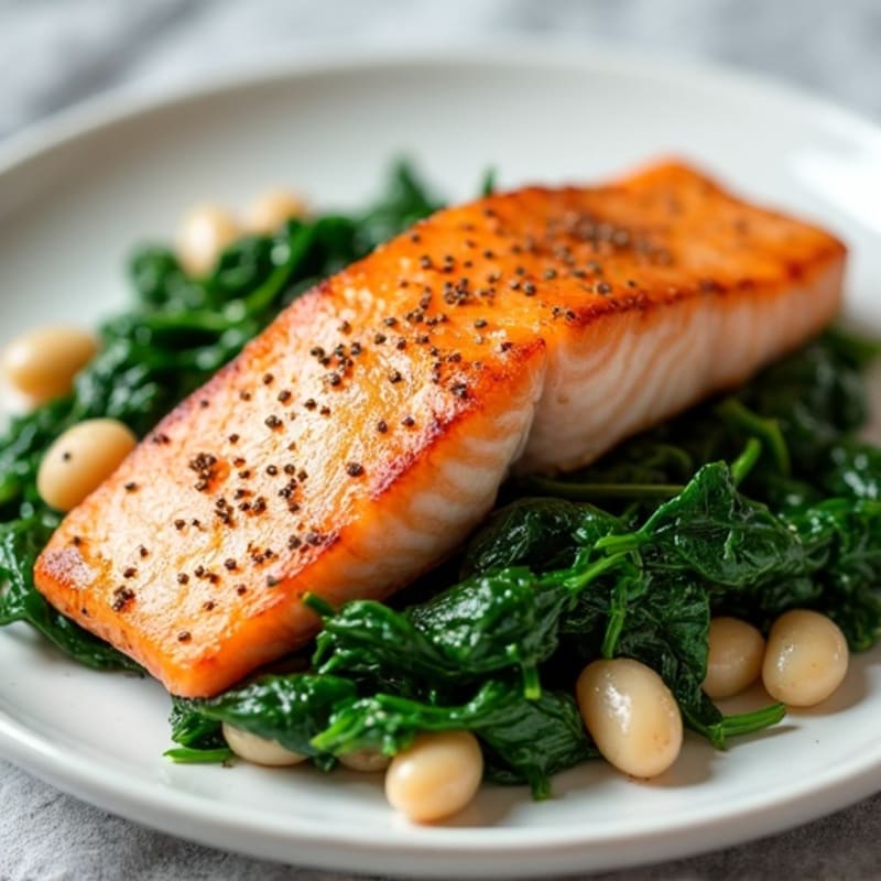 Pan-Seared Salmon with Sautéed Spinach and White Beans