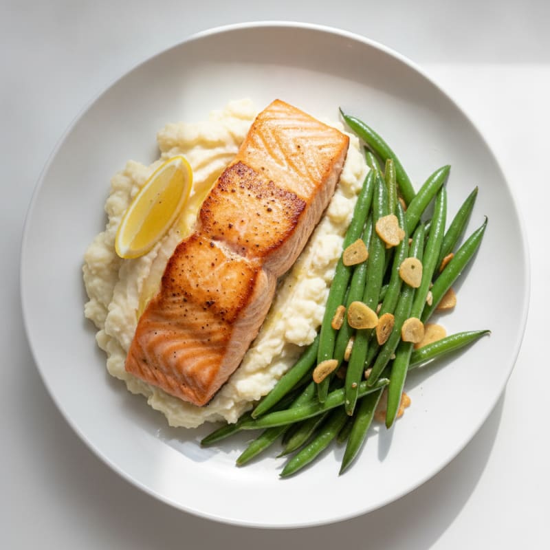 Seared Salmon with Garlic Green Beans and Cauliflower Mash