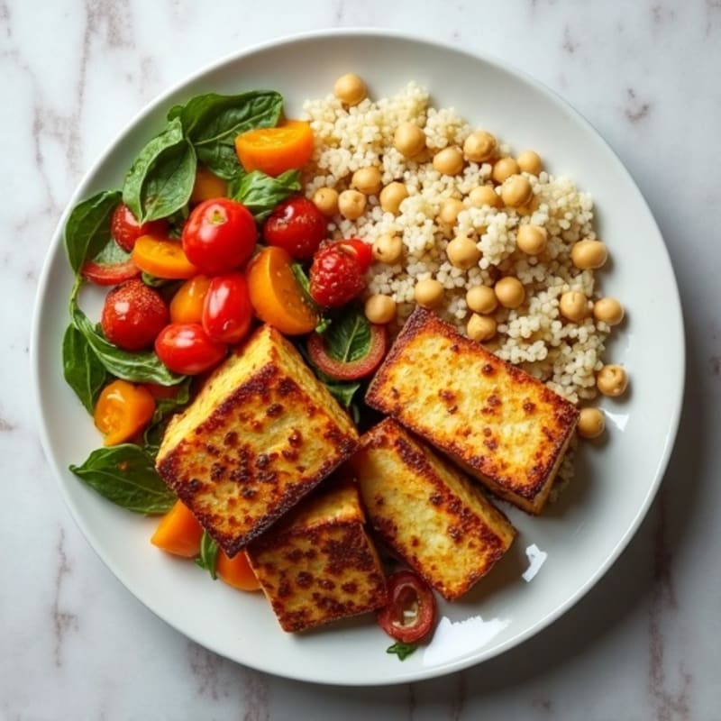 Crispy Tofu with Roasted Vegetables and Fluffy Couscous