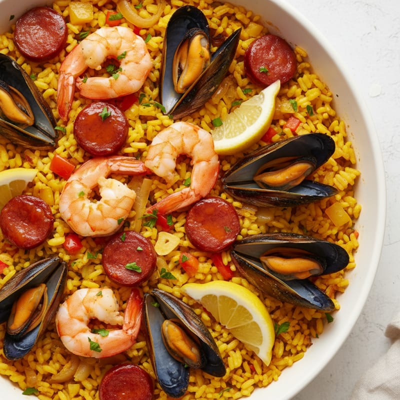 Saffron Seafood Paella with Chorizo